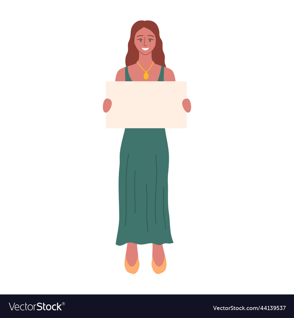 Cartoon color character woman holding empty banner vector image Cartoon color character woman holding empty banner