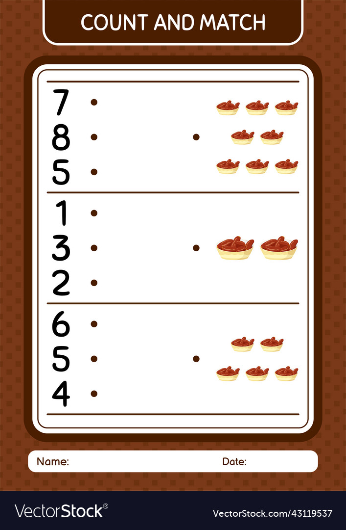 Count and match game with bowl of dates worksheet vector image Count and match game with bowl of dates worksheet