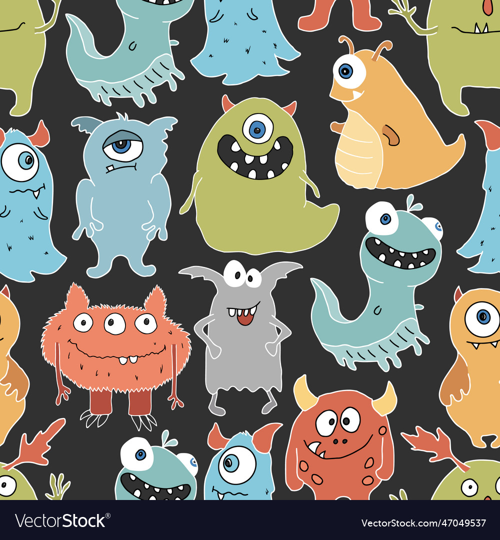 Cute monsters seamless pattern cartoon Royalty Free Vector