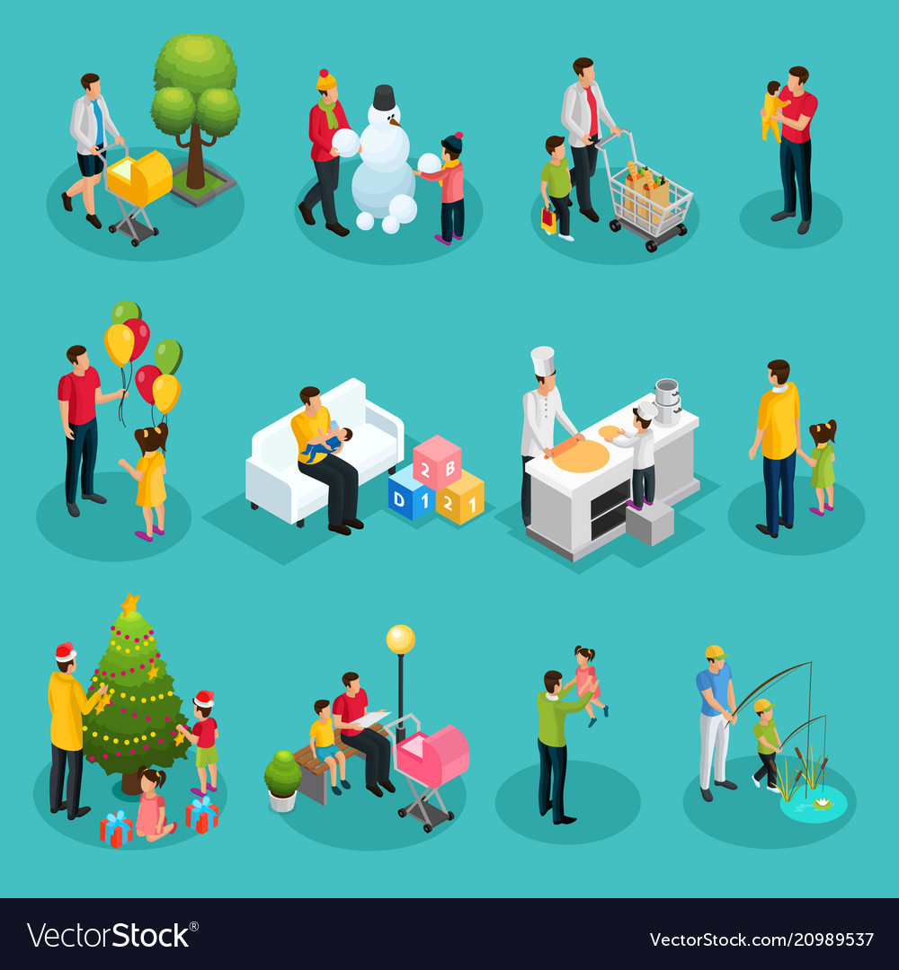 Isometric fatherhood elements set Royalty Free Vector Image