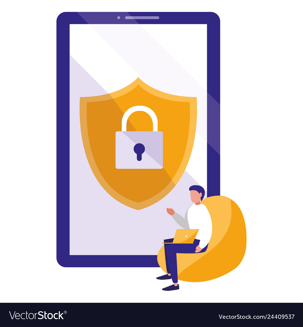 Man using smartphone with shield and padlock vector image Man using smartphone with shield and padlock