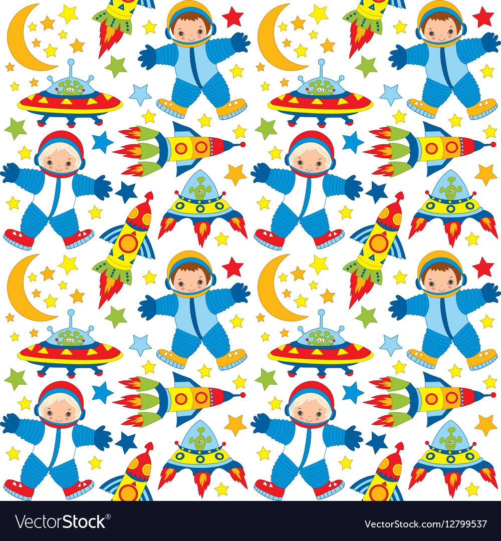 Seamless pattern with astronaut ufo rocket