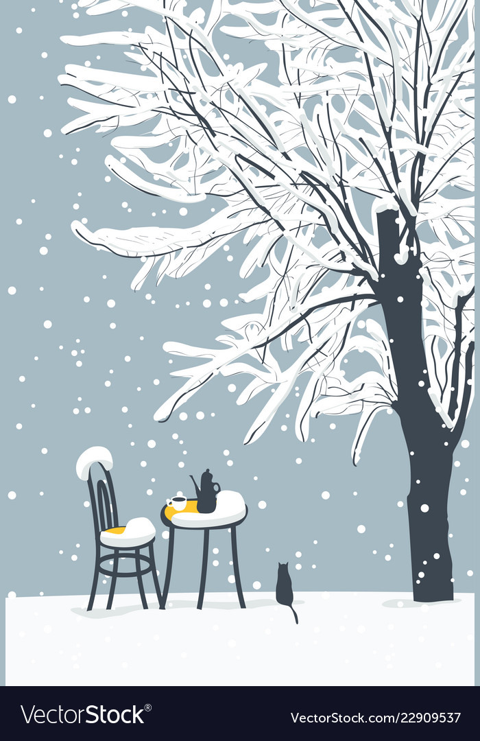 Winter Landscape With Street Cafe And Cat Vector Image