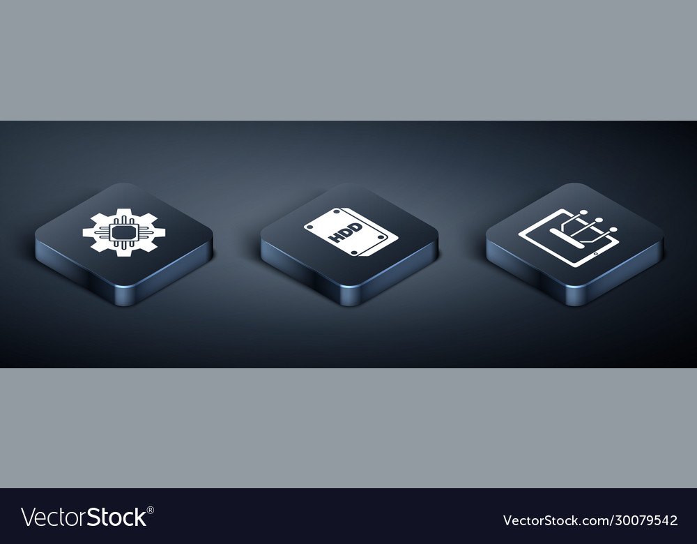 Set isometric processor tablet and hard disk vector image Set isometric processor tablet and hard disk