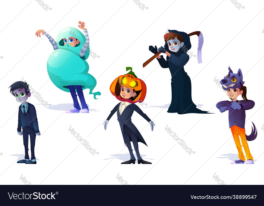Kids in halloween costumes spooky set vector image Kids in halloween costumes spooky set