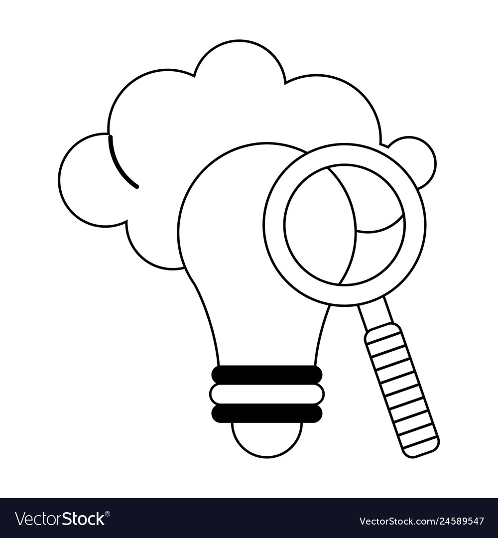 Magnifying glass on bulb light with cloud in black