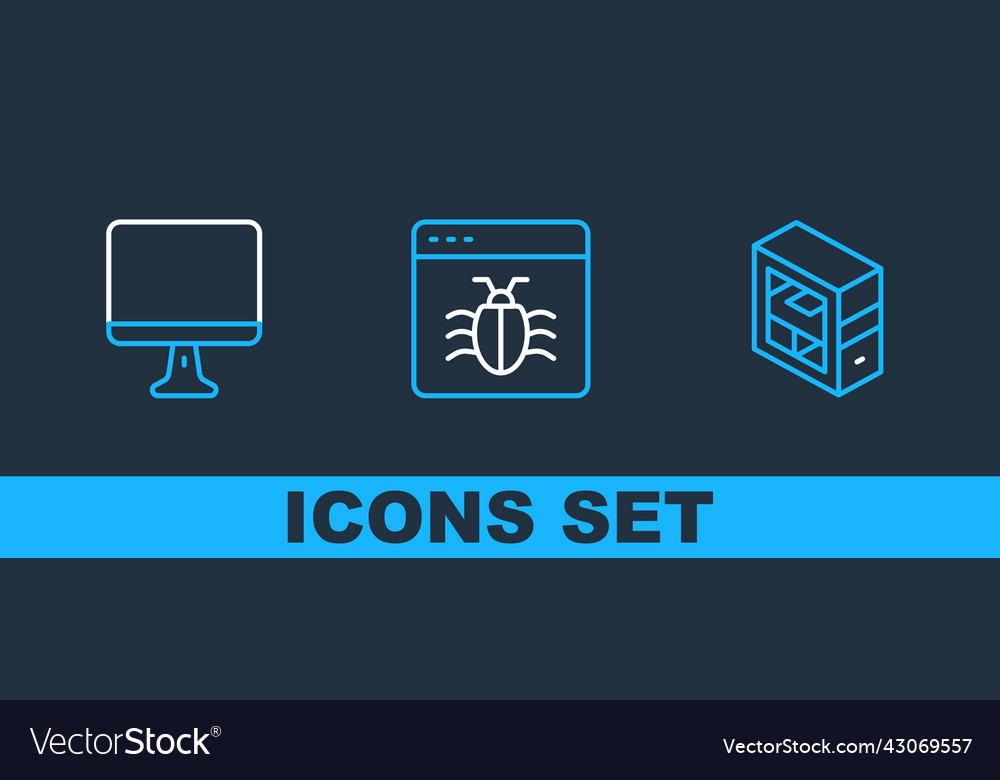 Set line computer monitor screen and system bug vector image Set line computer monitor screen and system bug