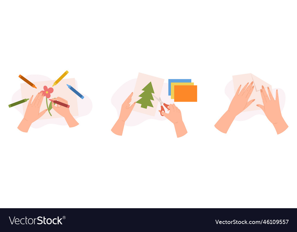 Set of hands painting cutting colored paper vector image Set of hands painting cutting colored paper