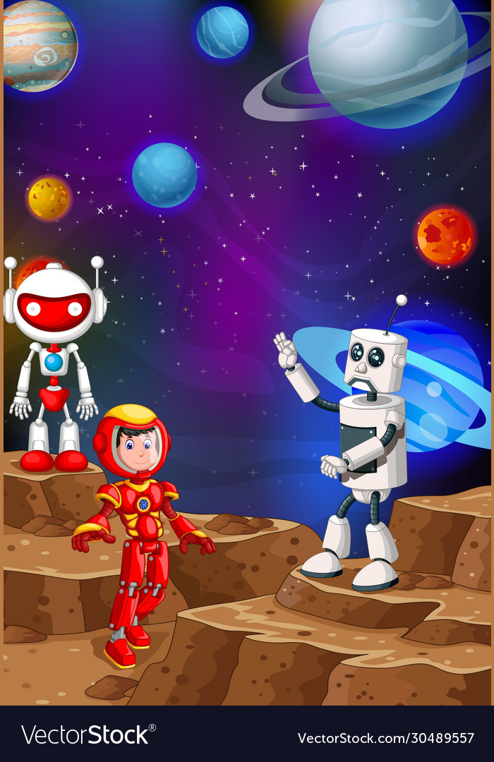 Two Robots in Space with a Red Suit
