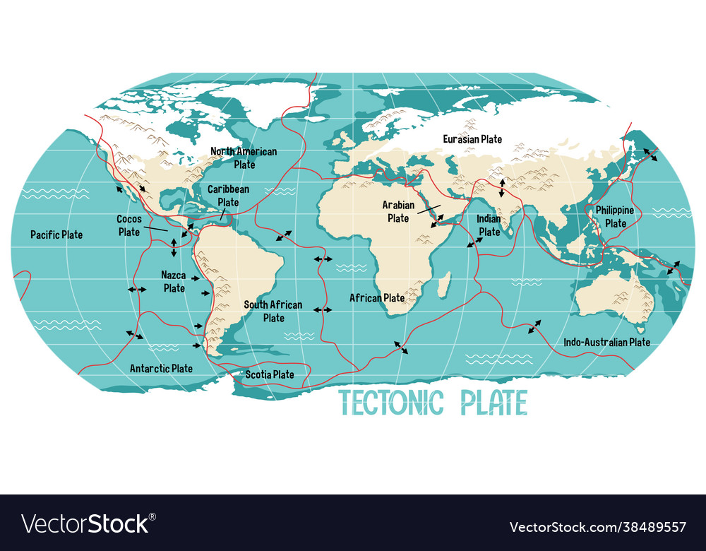 World map showing tectonic plates boundaries vector image World map showing tectonic plates boundaries