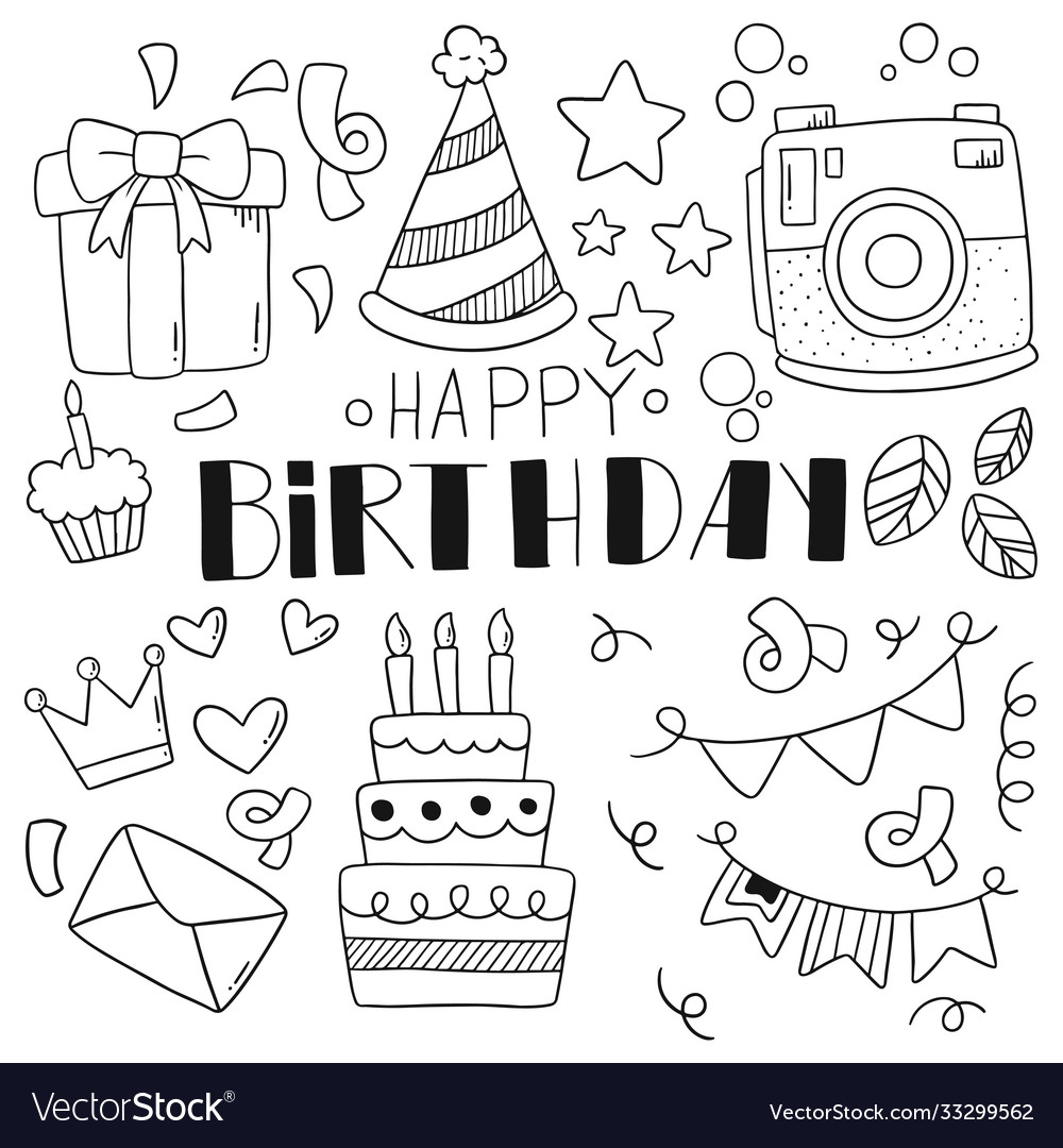 07-09-009 Hand Drawn Party Doodle Happy Birthday Vector Image