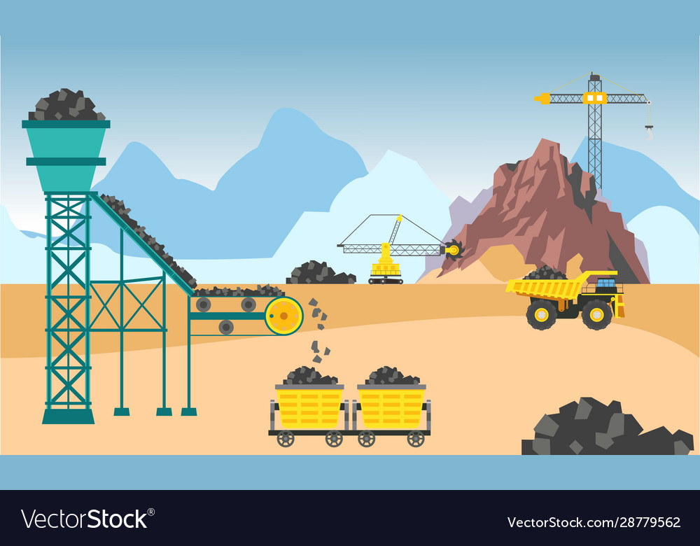 Mining industry flat composition with coal loading vector image Mining industry flat composition with coal loading