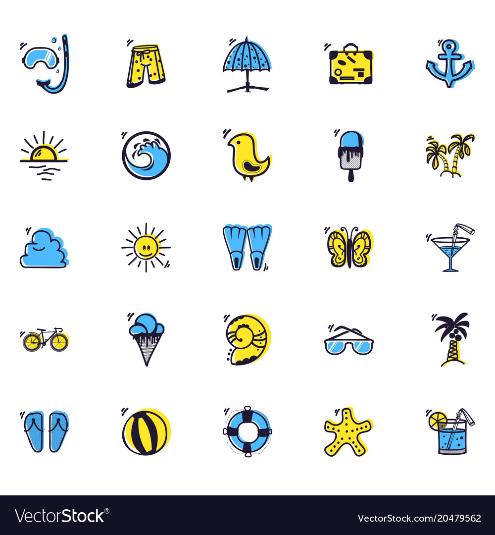 Set of summer colored icons in a cartoon style