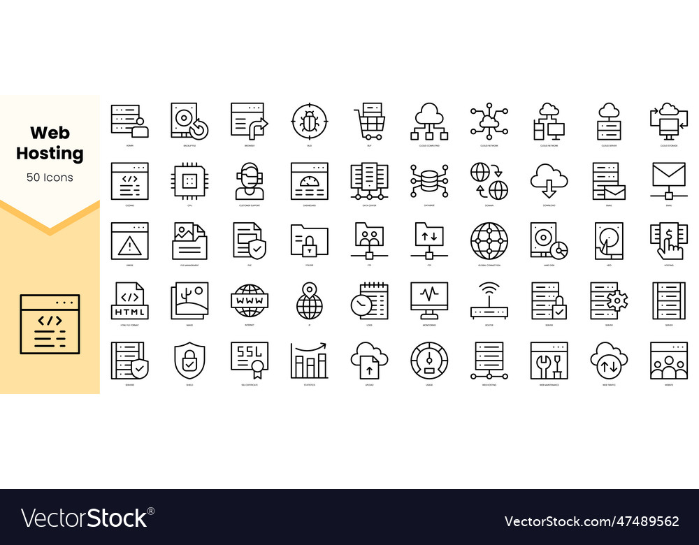 Set of web hosting icons simple line art style Vector Image Set of web hosting icons simple line art style