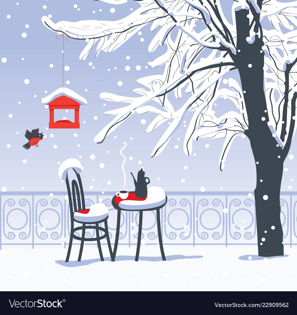 Winter landscape with street cafe under tree Vector Image