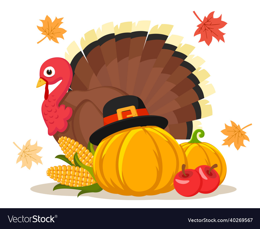 Bird turkey with harvest and autumn leaves Vector Image