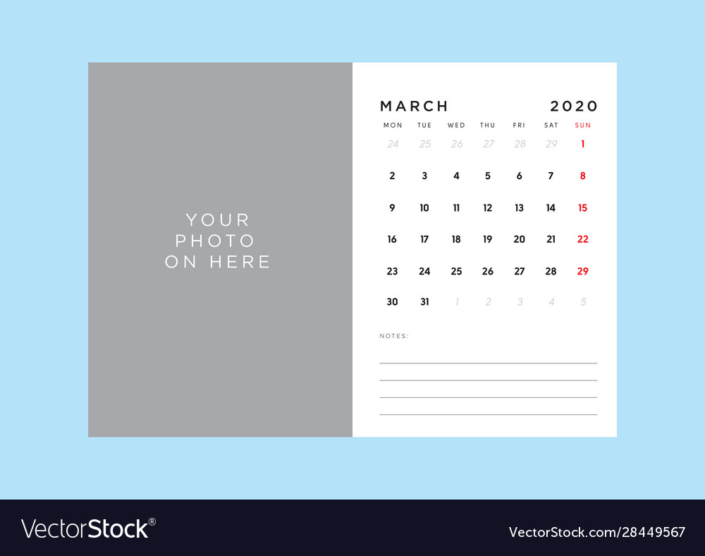 Calendar 2020 template in custom size vector image Calendar 2020 template in custom size