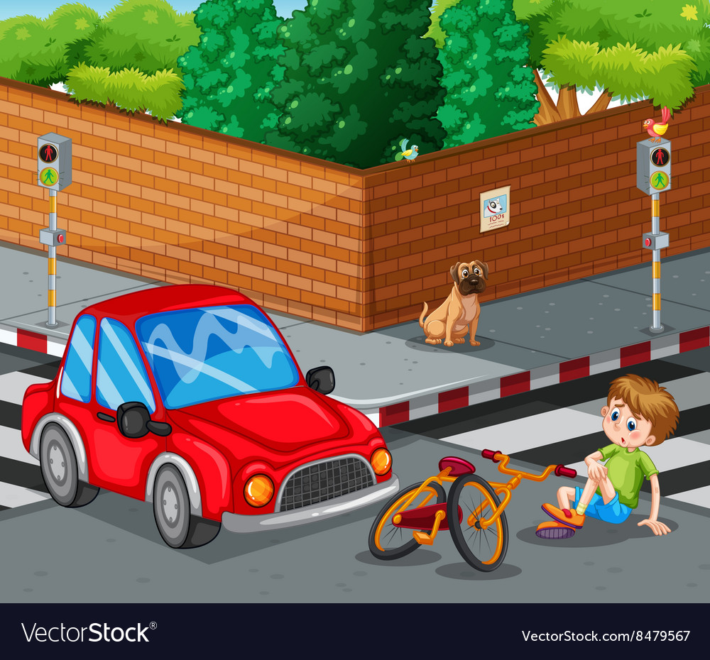 Scene with car crashing bicycle and boy getting Vector Image