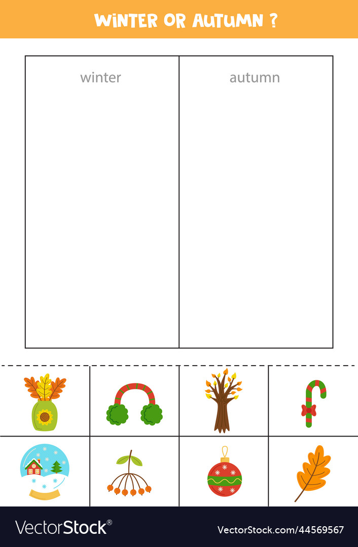 Sorting cards into autumn or winter logical game