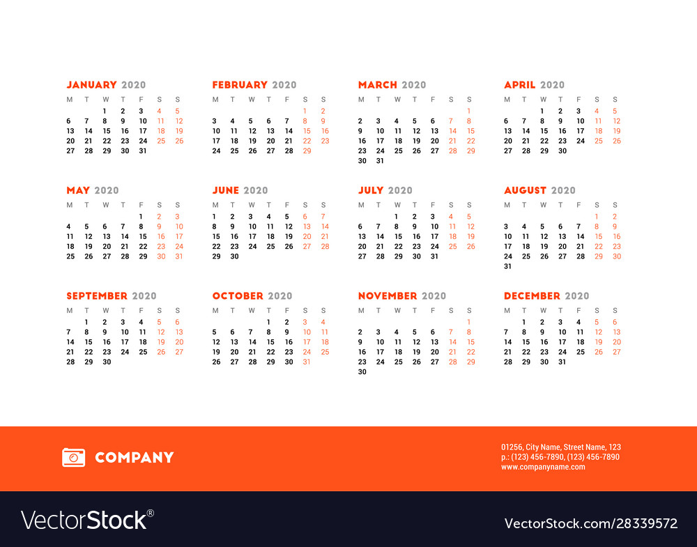 Calendar for 2020 year week starts on monday Vector Image