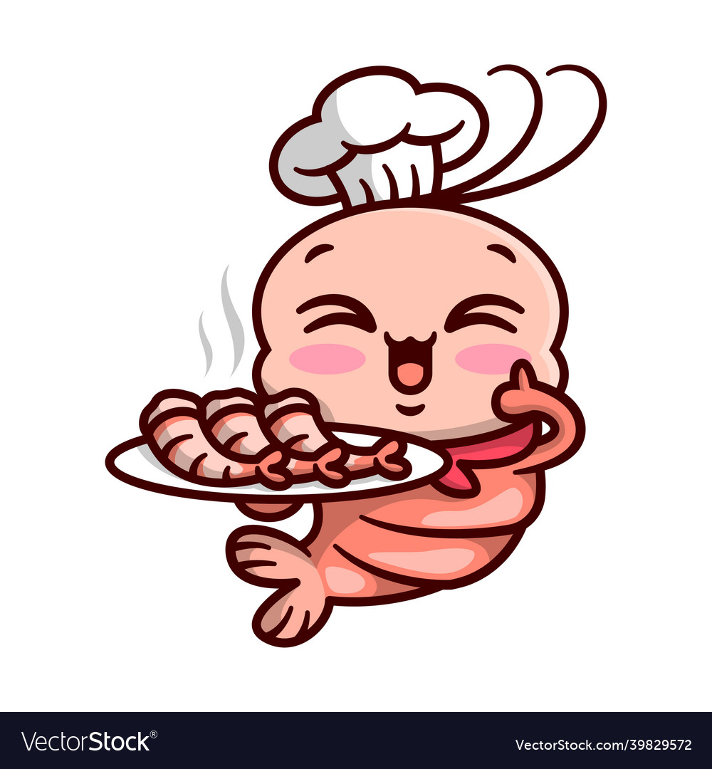 Cute shrimp chef is smiling and serving food