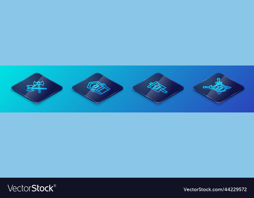 Set isometric line medieval flag crossed