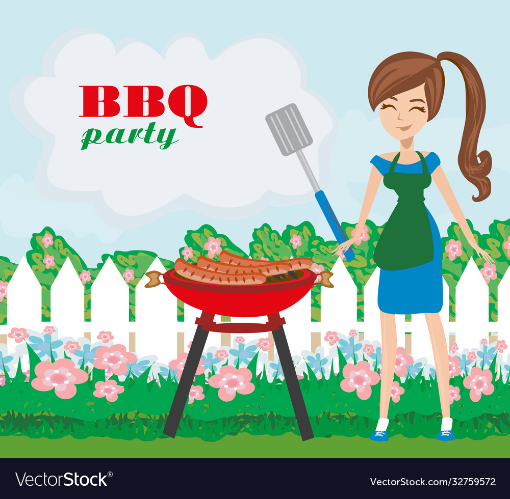 Woman cooking on a grill - invitation to party