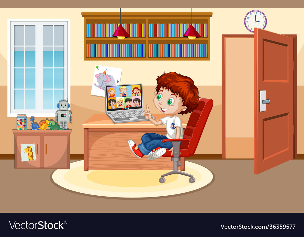 A Boy Communicate Video Conference With Friends Vector Image