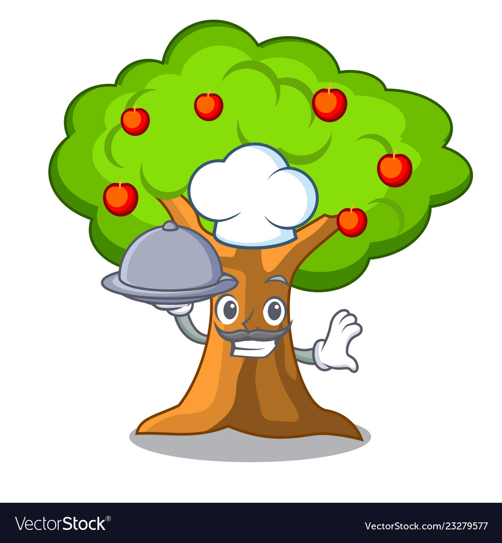 Chef with food apples on tree branch the character