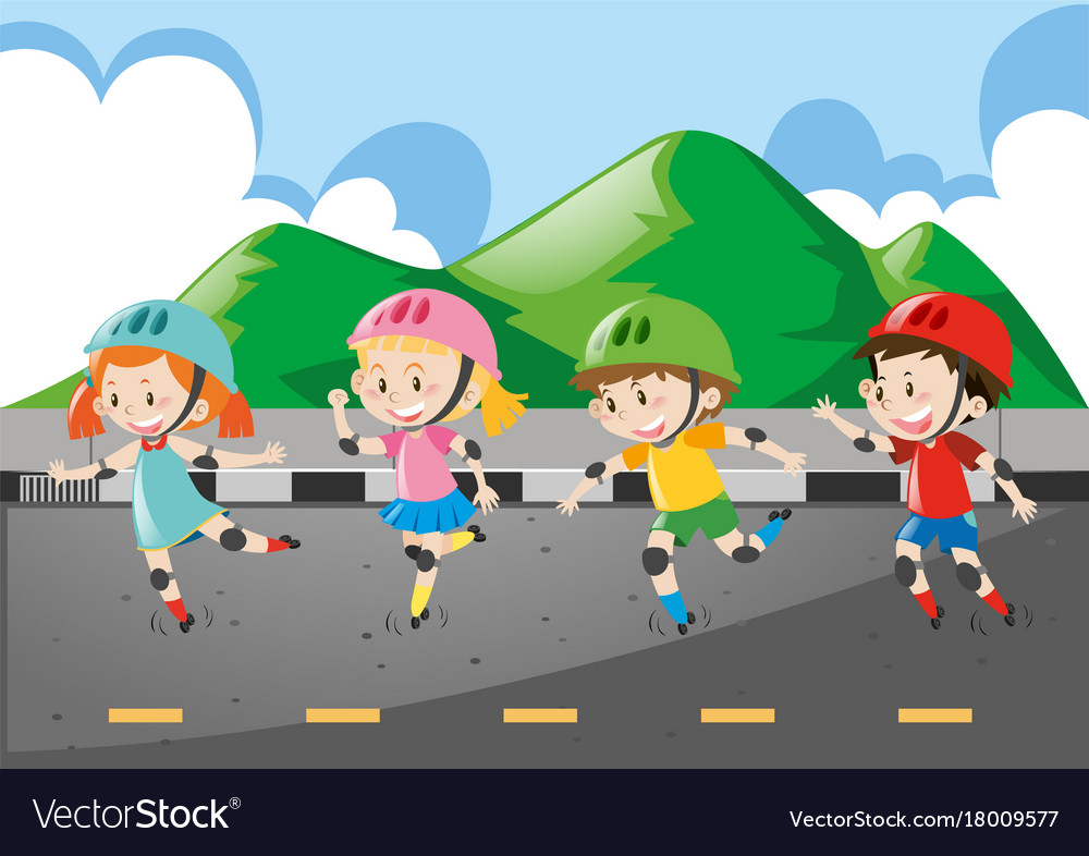 Children rollerskate on the road