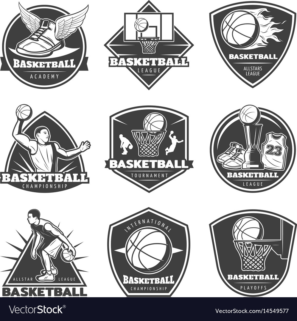 Monochrome vintage basketball labels set Vector Image