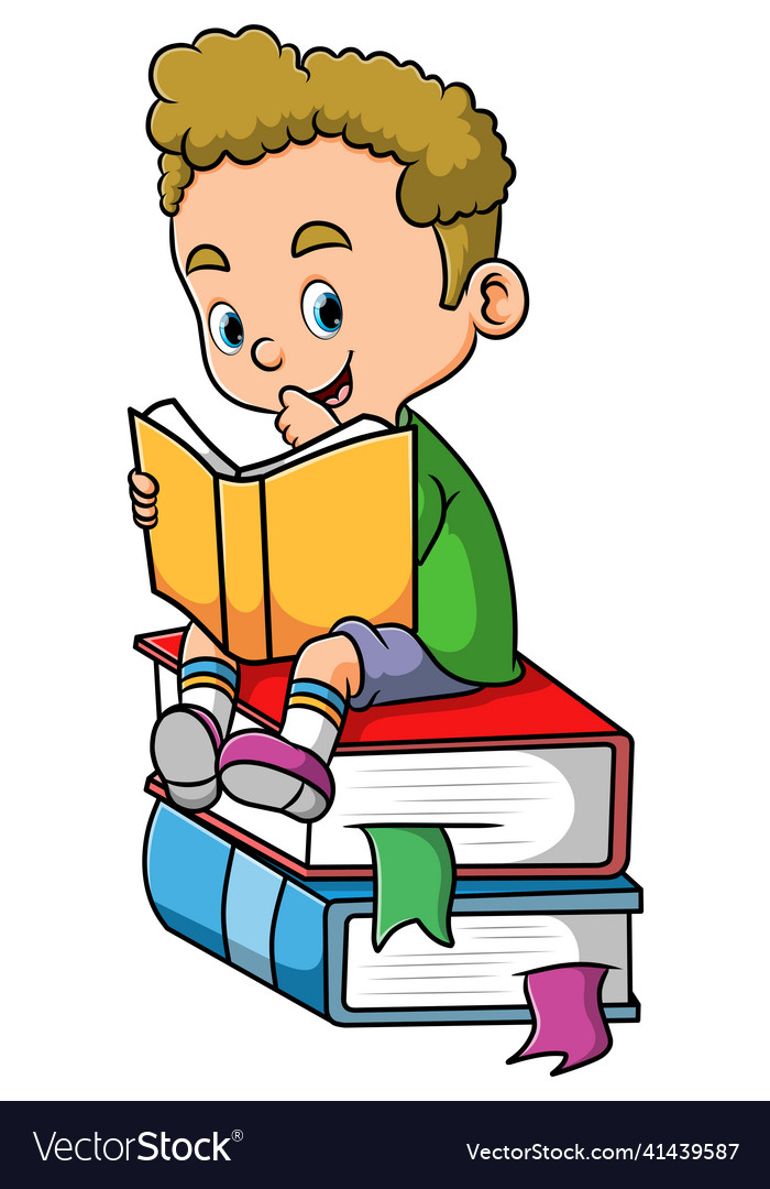 Cute boy is reading the book and sitting Vector Image