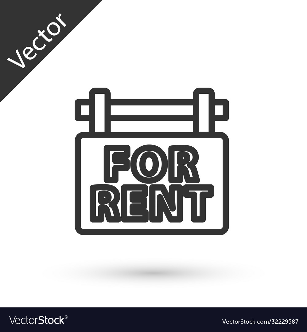 Grey line hanging sign with text for rent icon