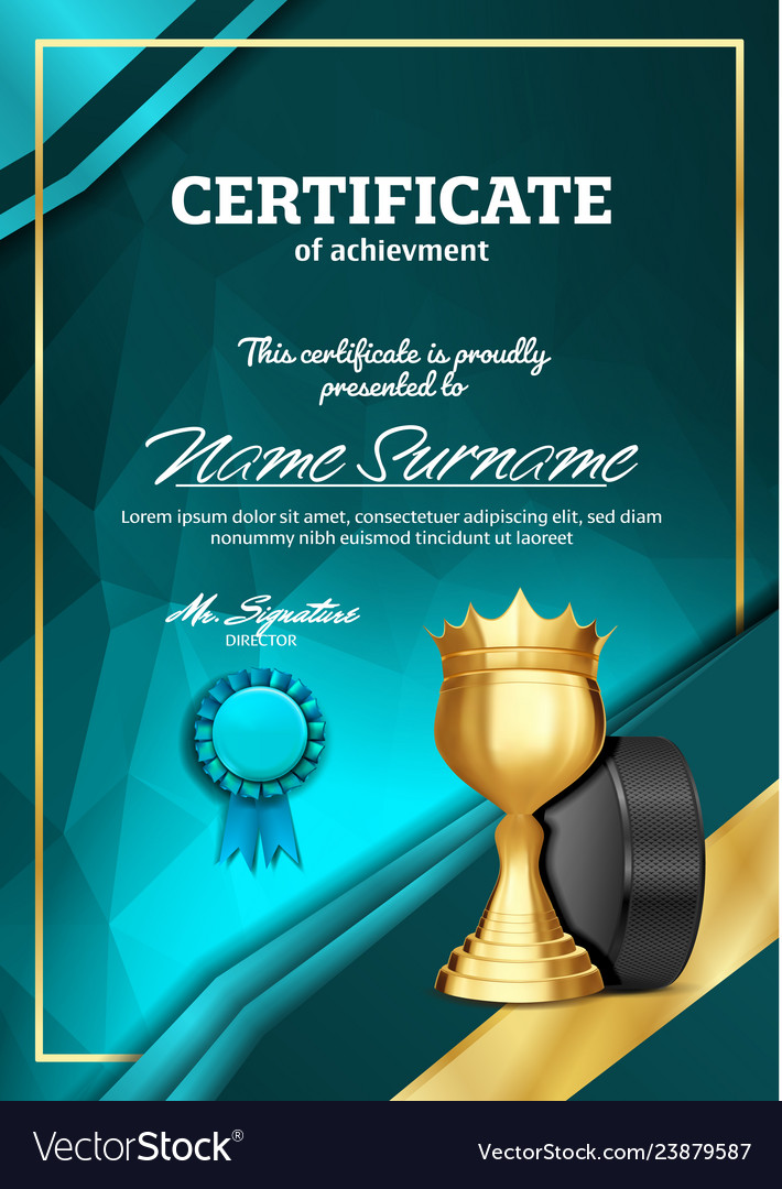 Ice hockey certificate diploma with golden cup vector image Ice hockey certificate diploma with golden cup