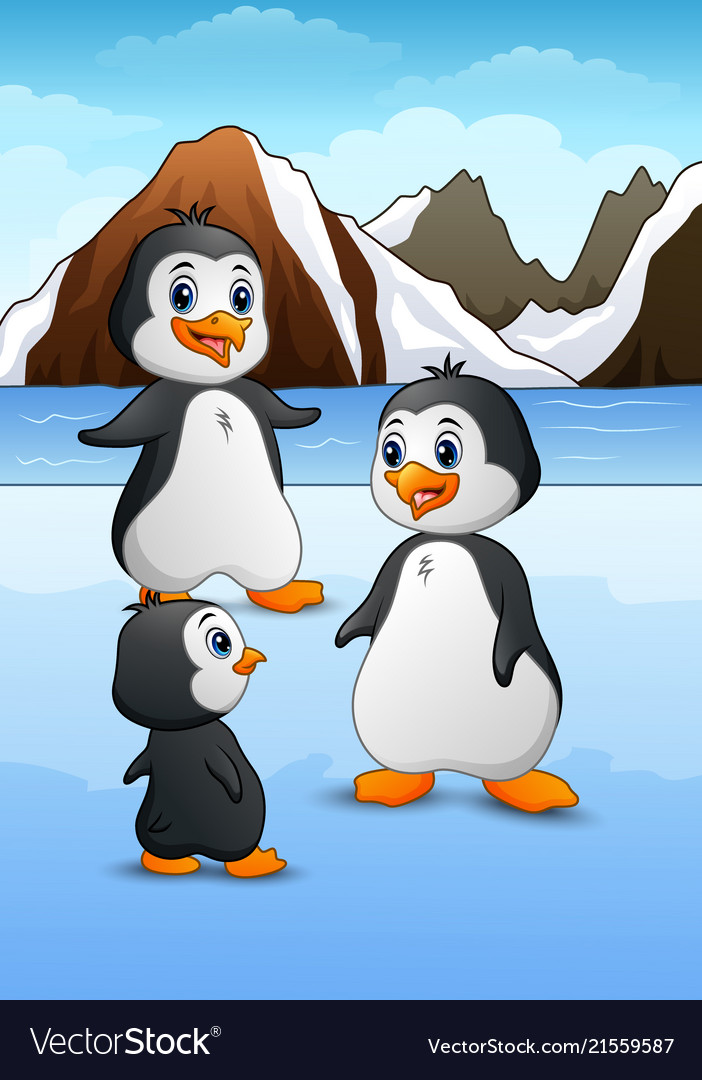 Penguin family standing on icy landscape Vector Image