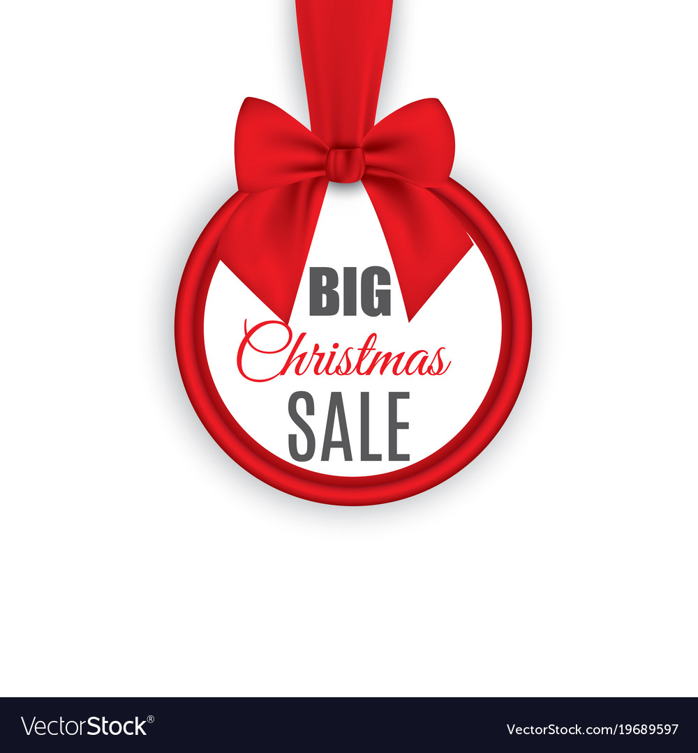 Big sale round banner with red ribbon and bow