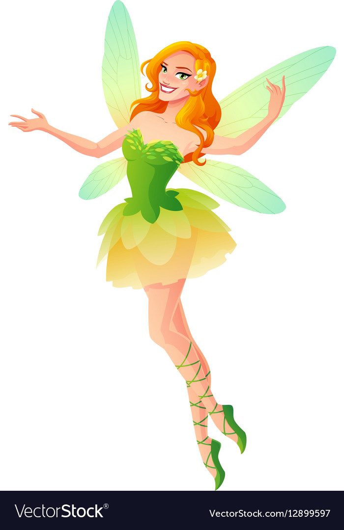 Flying and presenting fairy with wings in green Vector Image