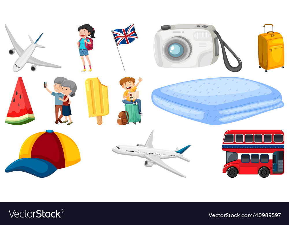 Set of summer vacation objects and elements vector image Set of summer vacation objects and elements