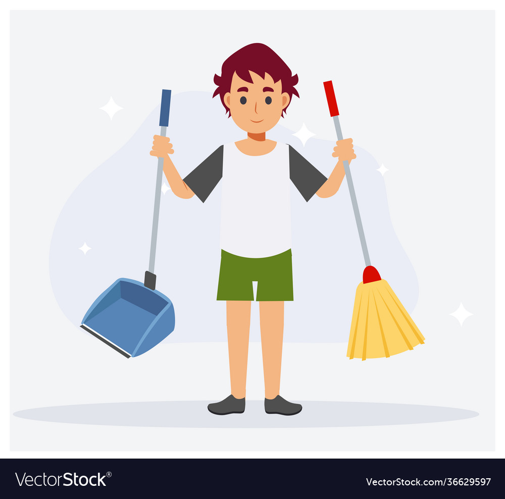 Young little boy holding broom and dust scoop