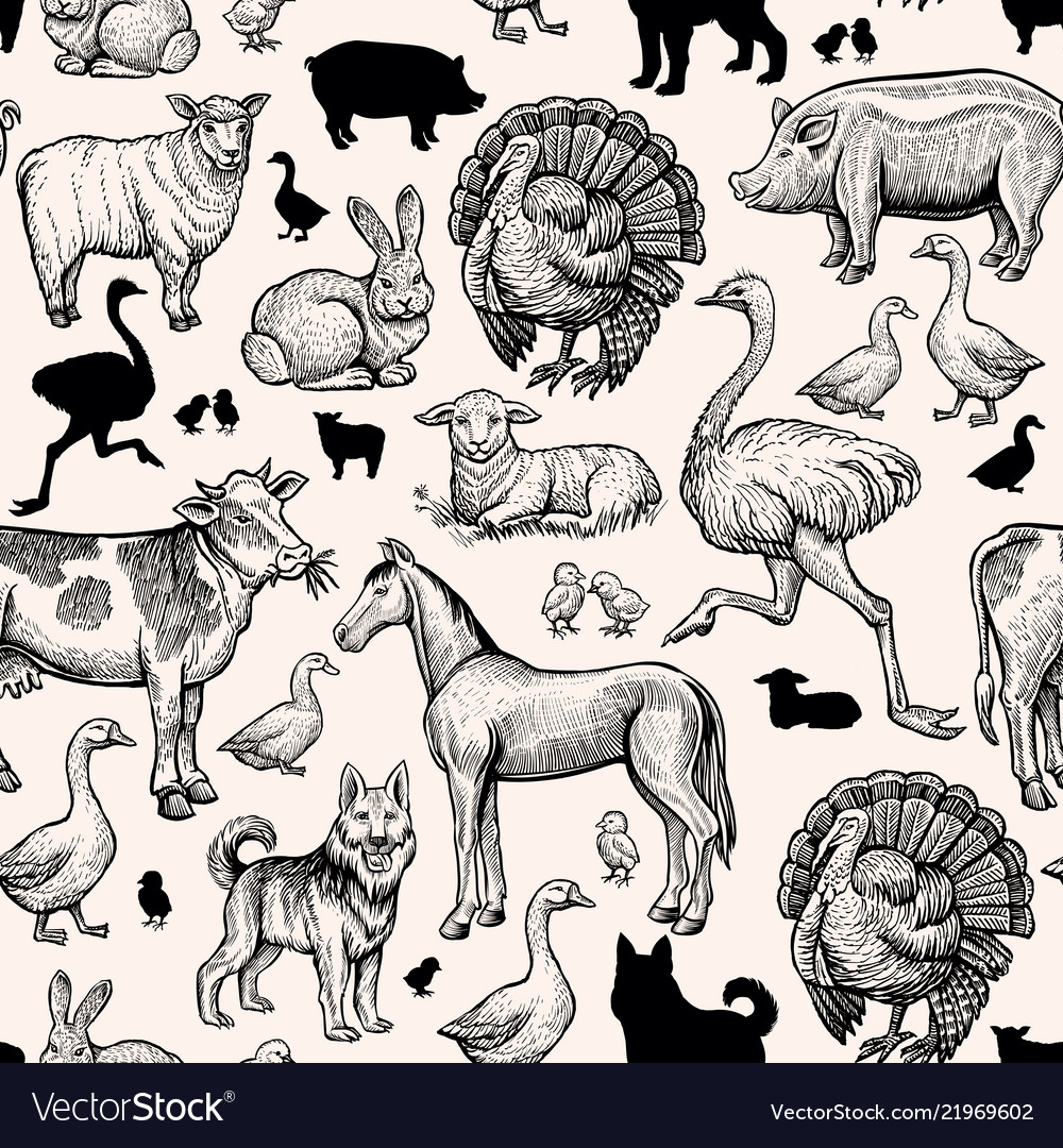 Farm animals seamless pattern vintage engraving vector image Farm animals seamless pattern vintage engraving