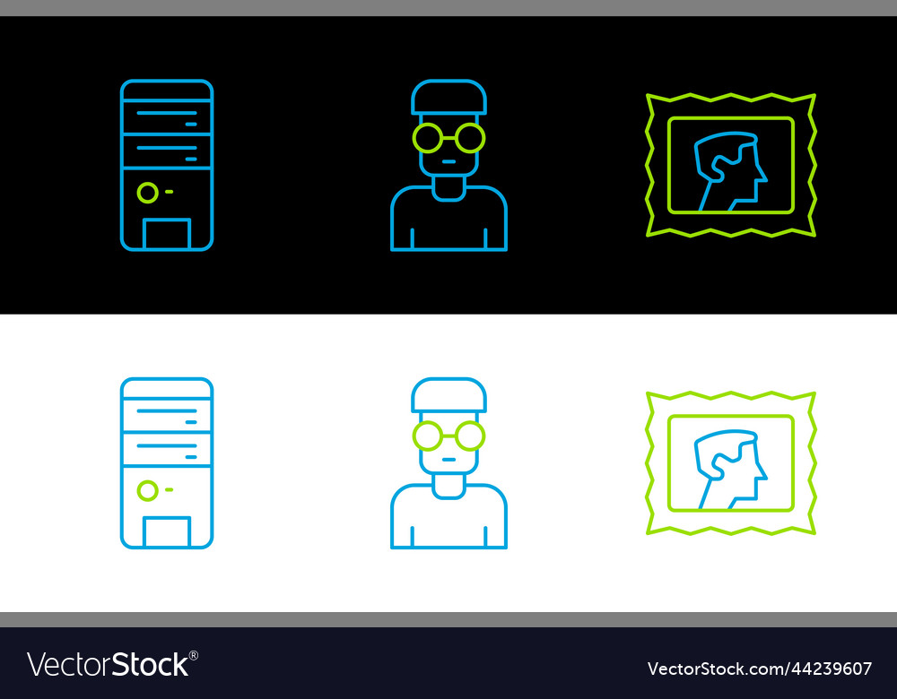 Set line postal stamp computer and nerd geek icon vector image Set line postal stamp computer and nerd geek icon