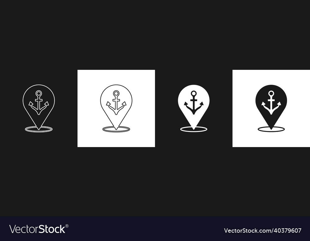 Set map pointer with anchor icon isolated on black vector image Set map pointer with anchor icon isolated on black