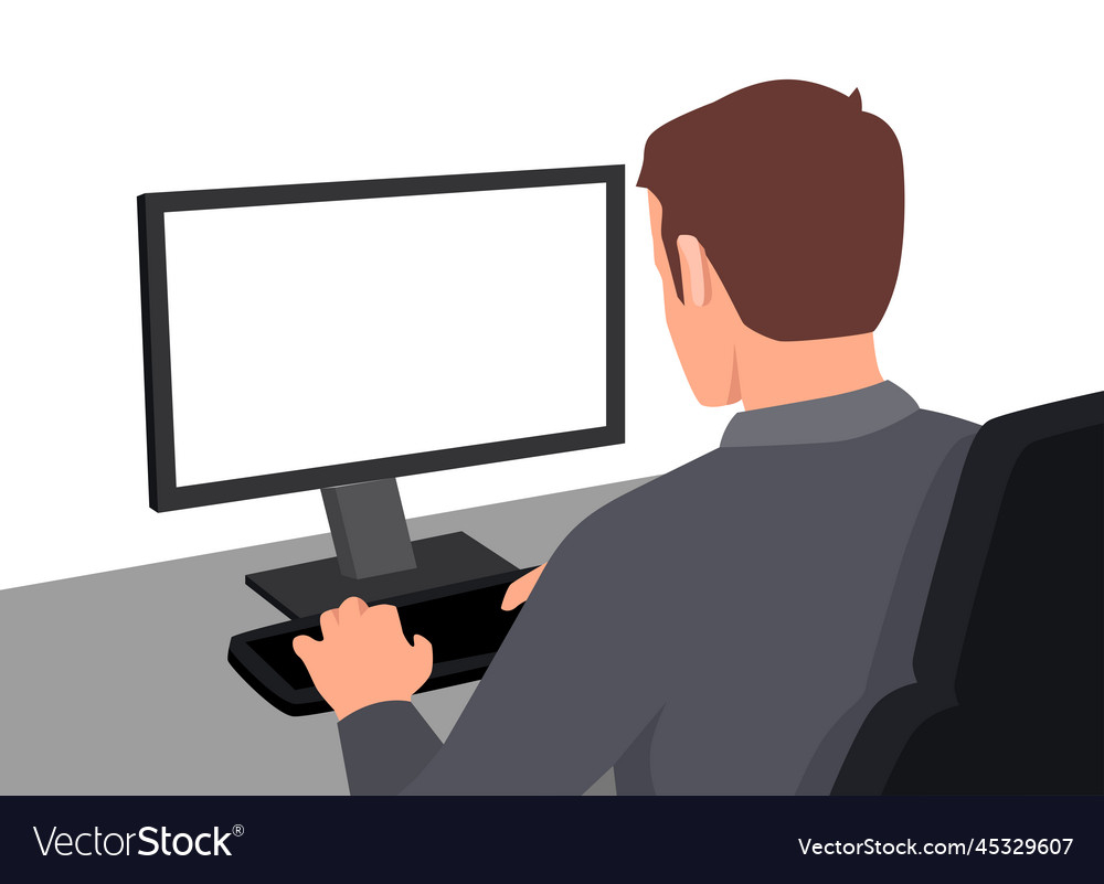 Young man working on a computer view from back vector image Young man working on a computer view from back