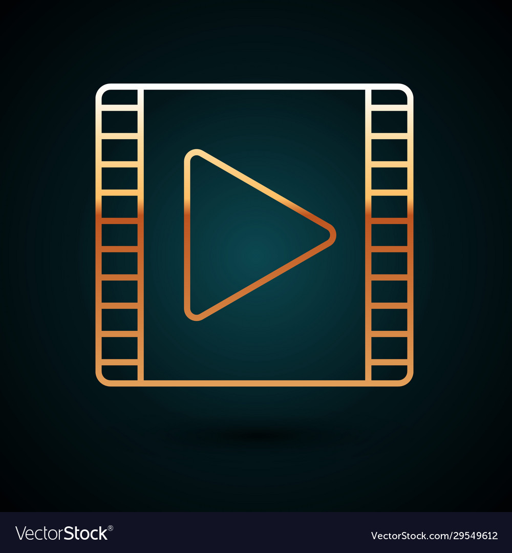 Gold line play video icon isolated on dark blue