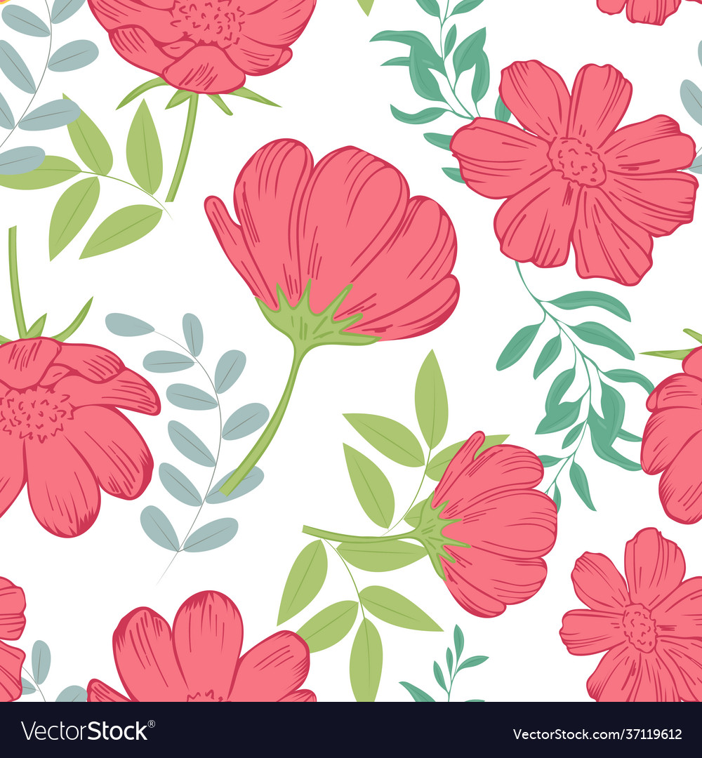 Seamless pattern with bright pink-red flowers