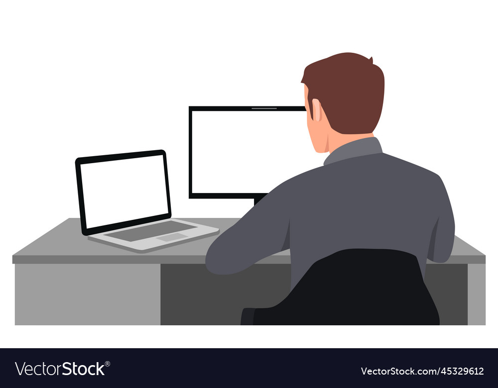 Young man working on a computer and laptop Vector Image