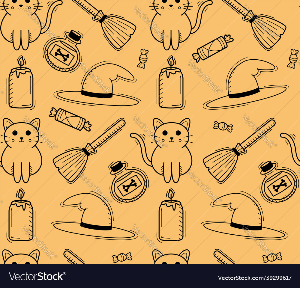 Halloween seamless pattern with cat broom and hat