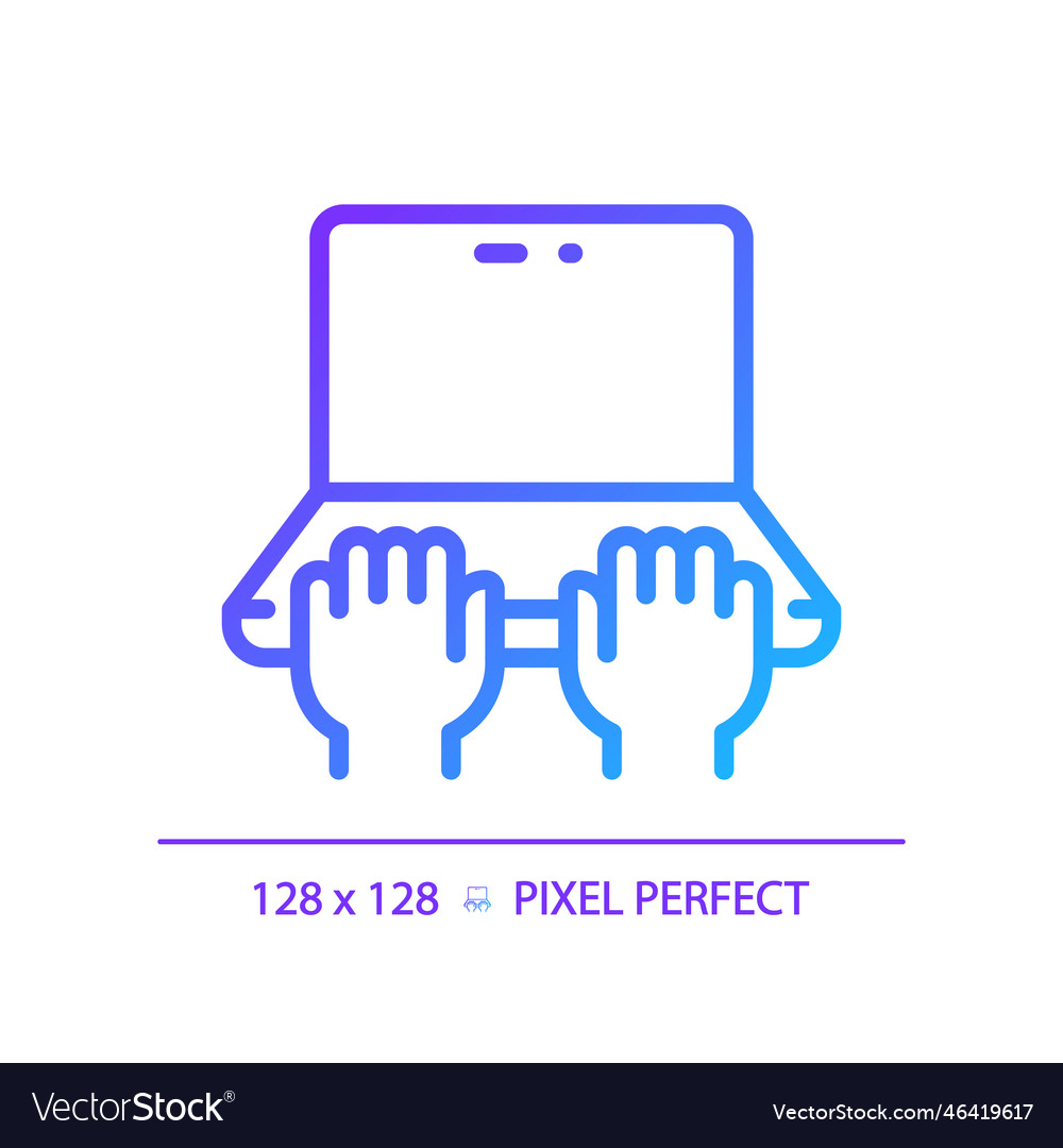 Hands with laptop pixel perfect gradient linear vector image Hands with laptop pixel perfect gradient linear
