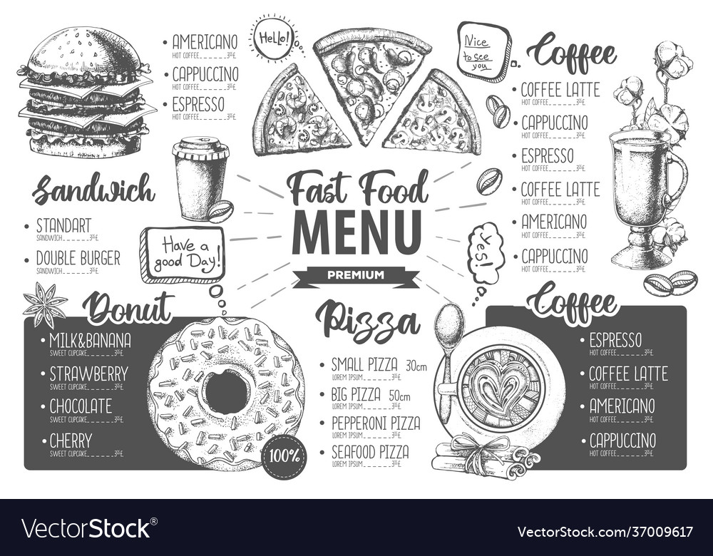 Restaurant menu design decorative sketch pizza Vector Image