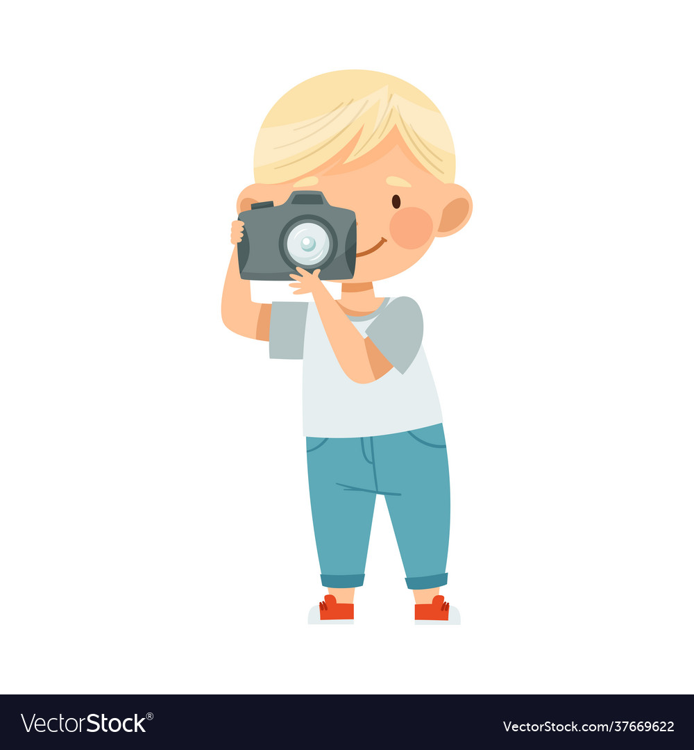 Blond boy holding camera and taking photo vector image Blond boy holding camera and taking photo